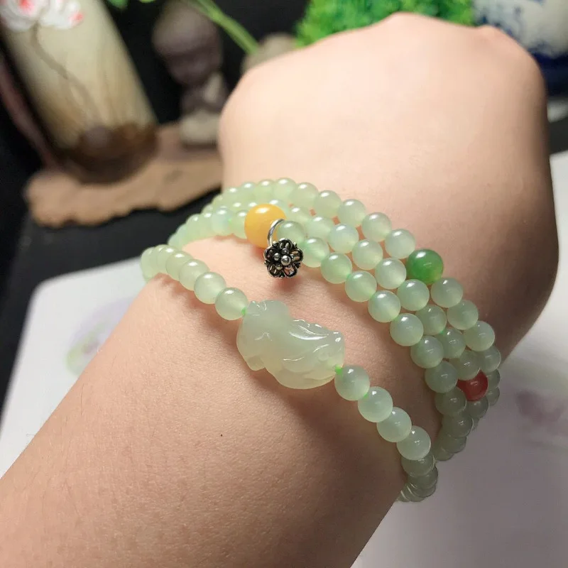 Hetian Green Jade Multi- Bracelet With 5Mm Round Beads, Dual-Use As A Four-Loop Sweater Chain