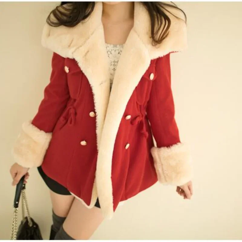 

2022 Winter Autumn Women Warm Woolen Coats Lapel Single Double Breasted Solid Color Slim Casual Fur Coat Jackets Woman Blusas