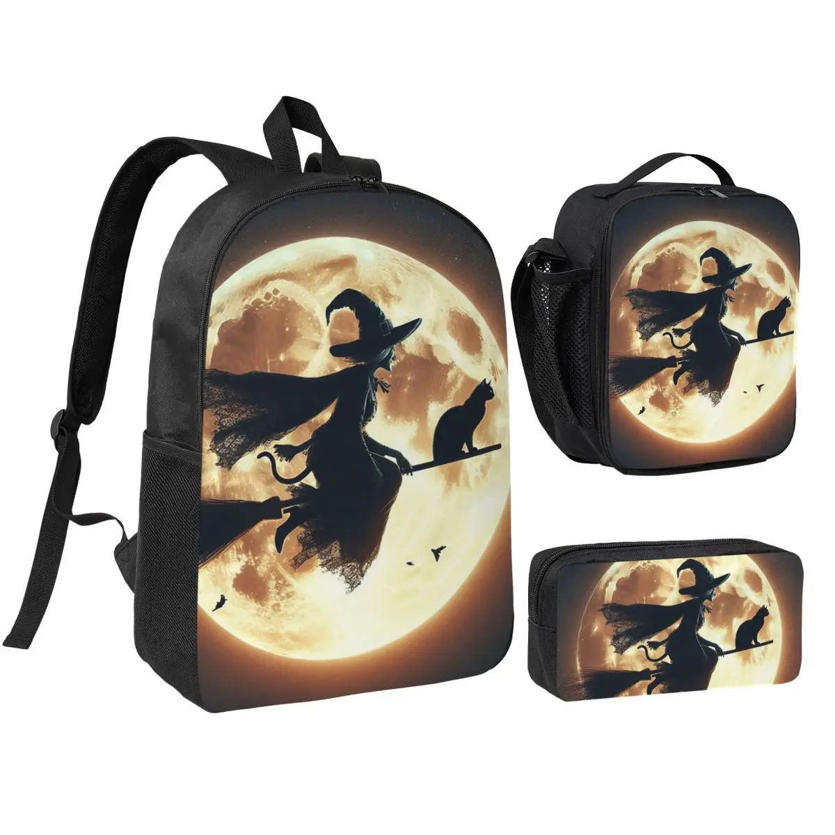 Witch And Cat Fly On Sky Backpack Boys Girls BookBag School Bag Shoulder Bags 3ps Insulated Lunch Bag Pencil Case