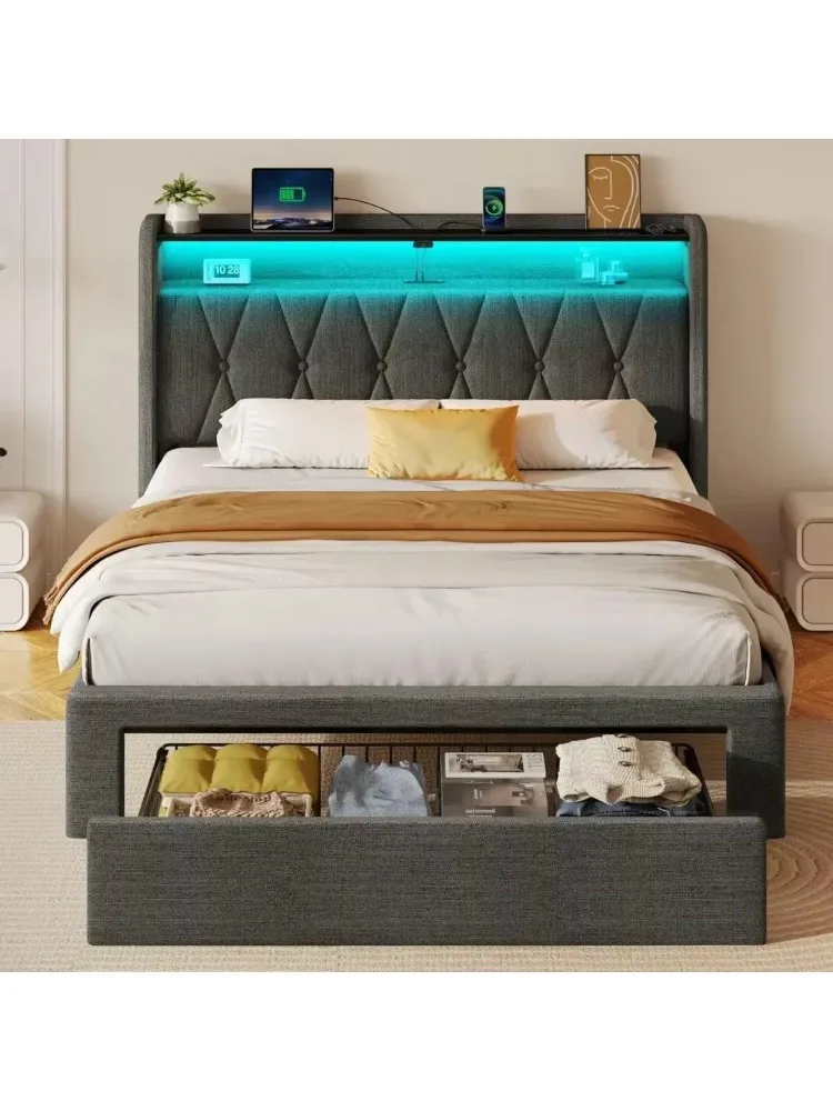 

Twin Bed Frame with Drawer, Storage Headboard with Charging Station and LED Lights, Upholstered Bed with Heavy Duty Wood Slats