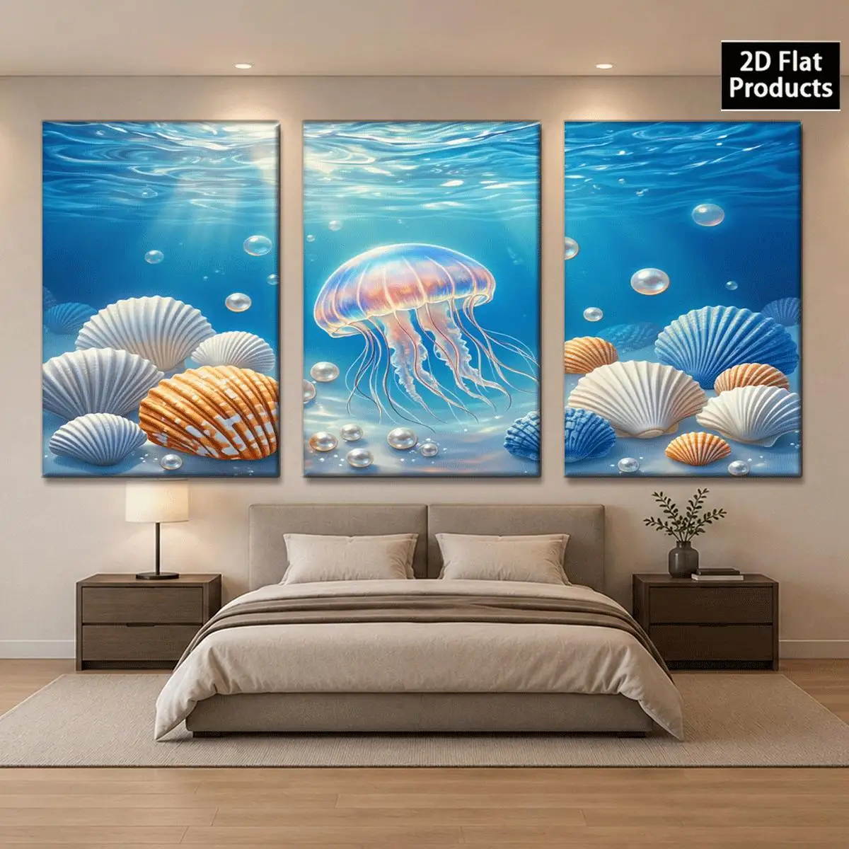 Frameless 2D Flat 3pc  Canvas Wall Art – Three panels show underwater scene with jellyfish seashells and bubbles perfect for