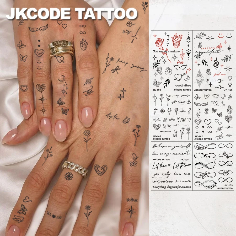 Waterproof Finger Tattoos for Women - Y2K Finger Tattoos - Mini Cute Letter, Flower, Butterfly, Leaf, Snake, Möbius Ring - Cute Pattern Sticker Set - Waterproof, Sweatproof, Removable - Summer Refreshing Cute Tattoo Set for Women