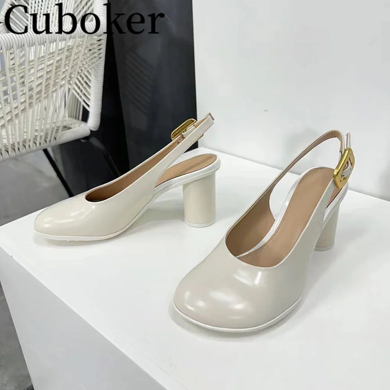 

Designer Genuine Leather Women Sandals Round High Heel Ladies Slides Ankle Buckle Female Mules Summer Round Toe Women Pumps