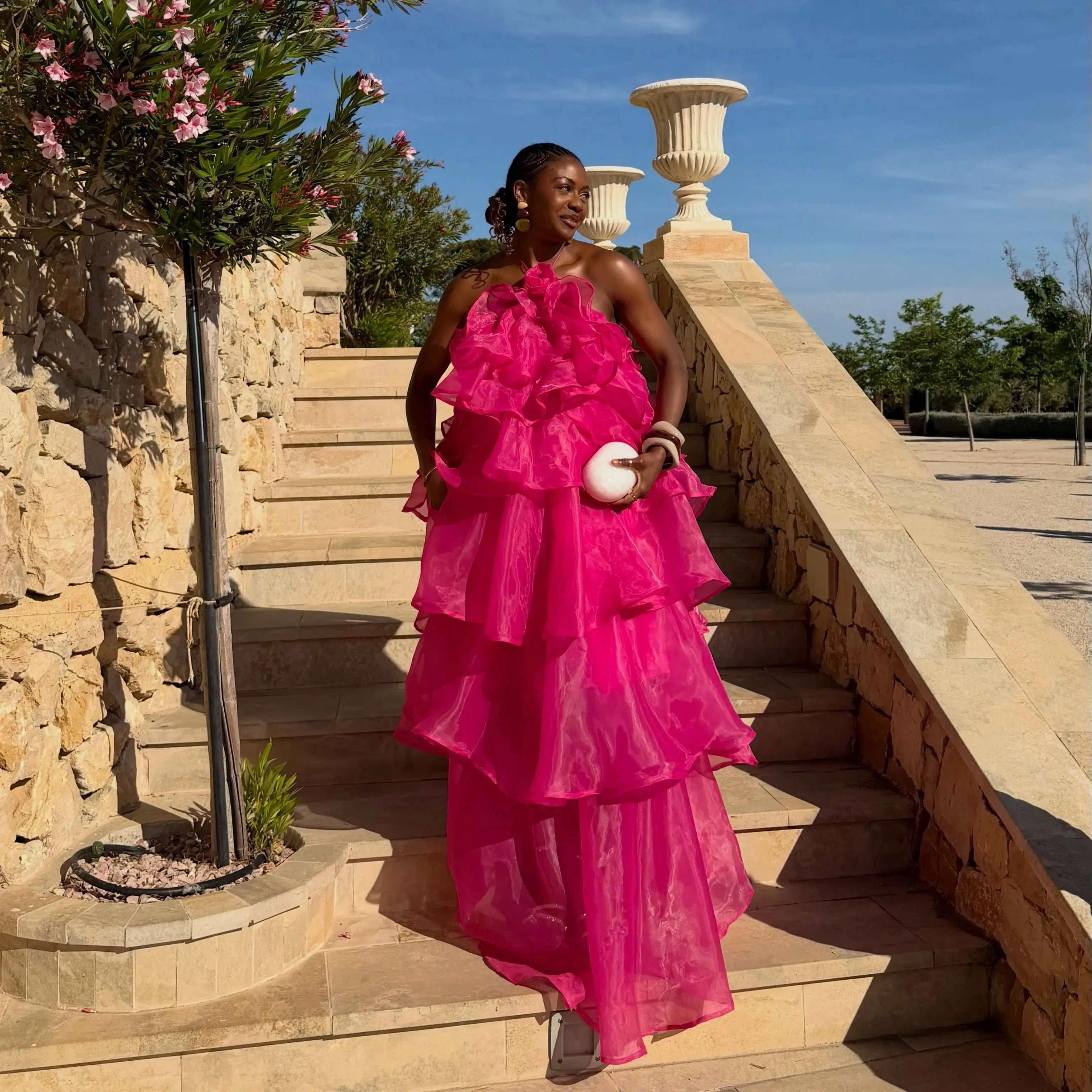 

Luxury Hot Pink Strapless Tiered Ruffle Chiffon Evening Gown Formal Occasion Long Flowy Maxi Dress High Waist And Flowing Hem