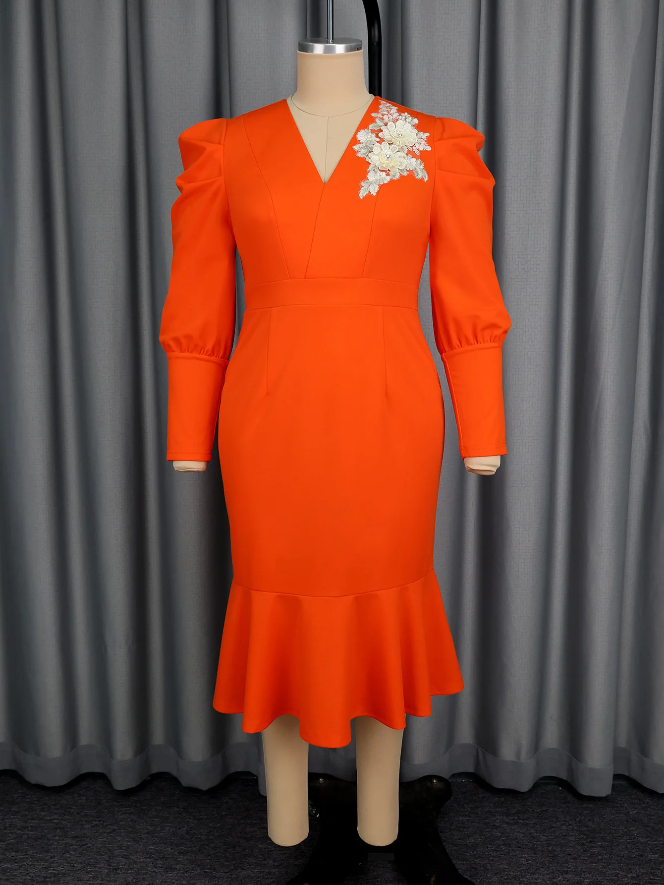 

L-4XL Dashiki African Dresses for Women Autumn Long Sleeve V-neck Wedding Party Evening Orange Midi Christmas Dress Outfits
