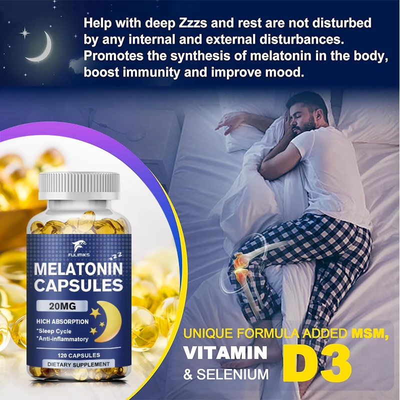 Melatonin 20 mg  Sleep Supplement Capsules - with Vitamin D3 & MSM, Selenium for Health Rest Cycle, Deep Zzzs