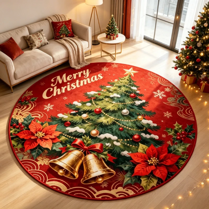 Christmas Circular Area Rug Three Cute Xmas Gnomes With Gift Box Print Soft Floor Mat Holiday Home Decoration Gift Option