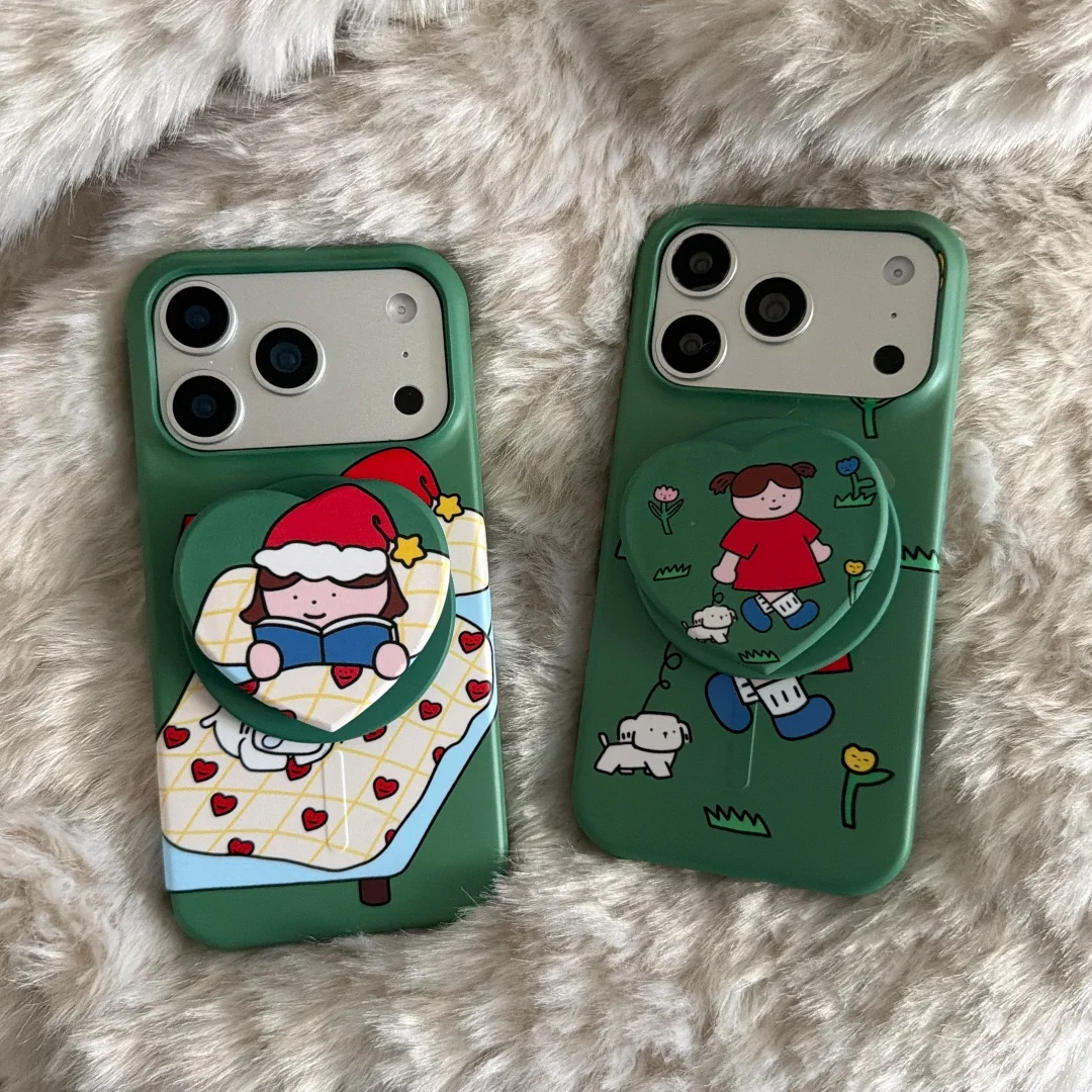 

INS Korean Green Painting Phone Case For iPhone 17 Pro Max 16 15 14 13 Luxury Matte Hard Back Cover with Magnetic stand holder﻿