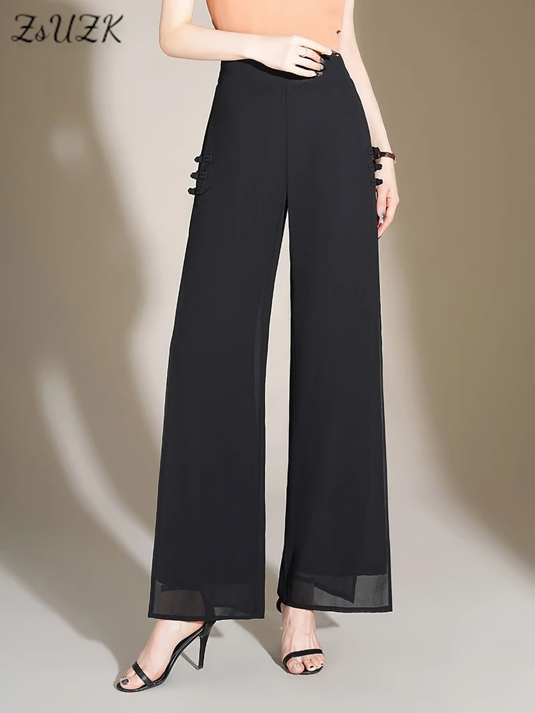 ZUZK Slit Chiffon Long Pants Summer Comfortable Elastic Waist Slim Double Layer Chiffon Pants Chic Droop Chinese Style Pants