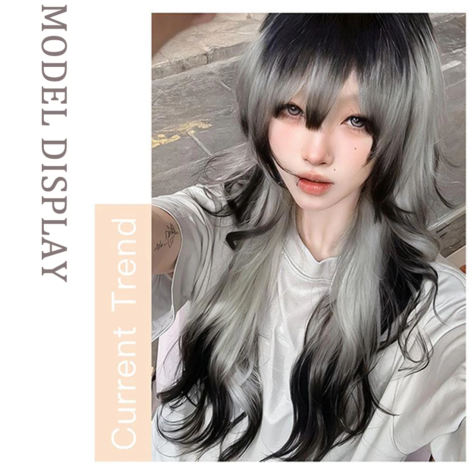 Synthetic Gradient Animal Hair Color For Cosplay Long Rolling Waves Layered Wigs with Bangs for Women Heat Resistant Fake Hair