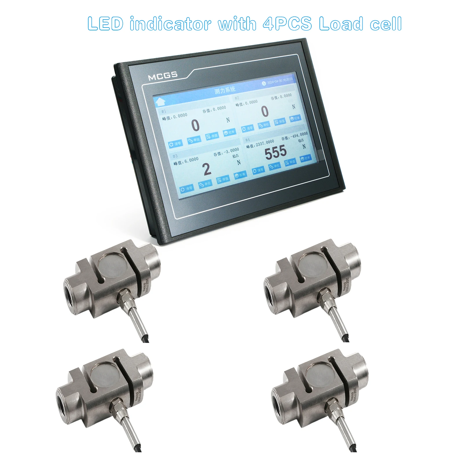 Four-Channel Force Meter Display Indicator with 4 X Load Cells Test Compression Force Weight Pressure Sensor LED Touch Operation