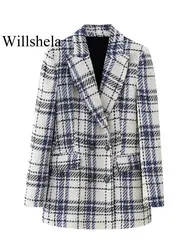 Willshela Women Fashion With Pockets Texture Plaid Double Breasted Blazer Vintage Notched Neck Long Sleeves Female Chic Outfits