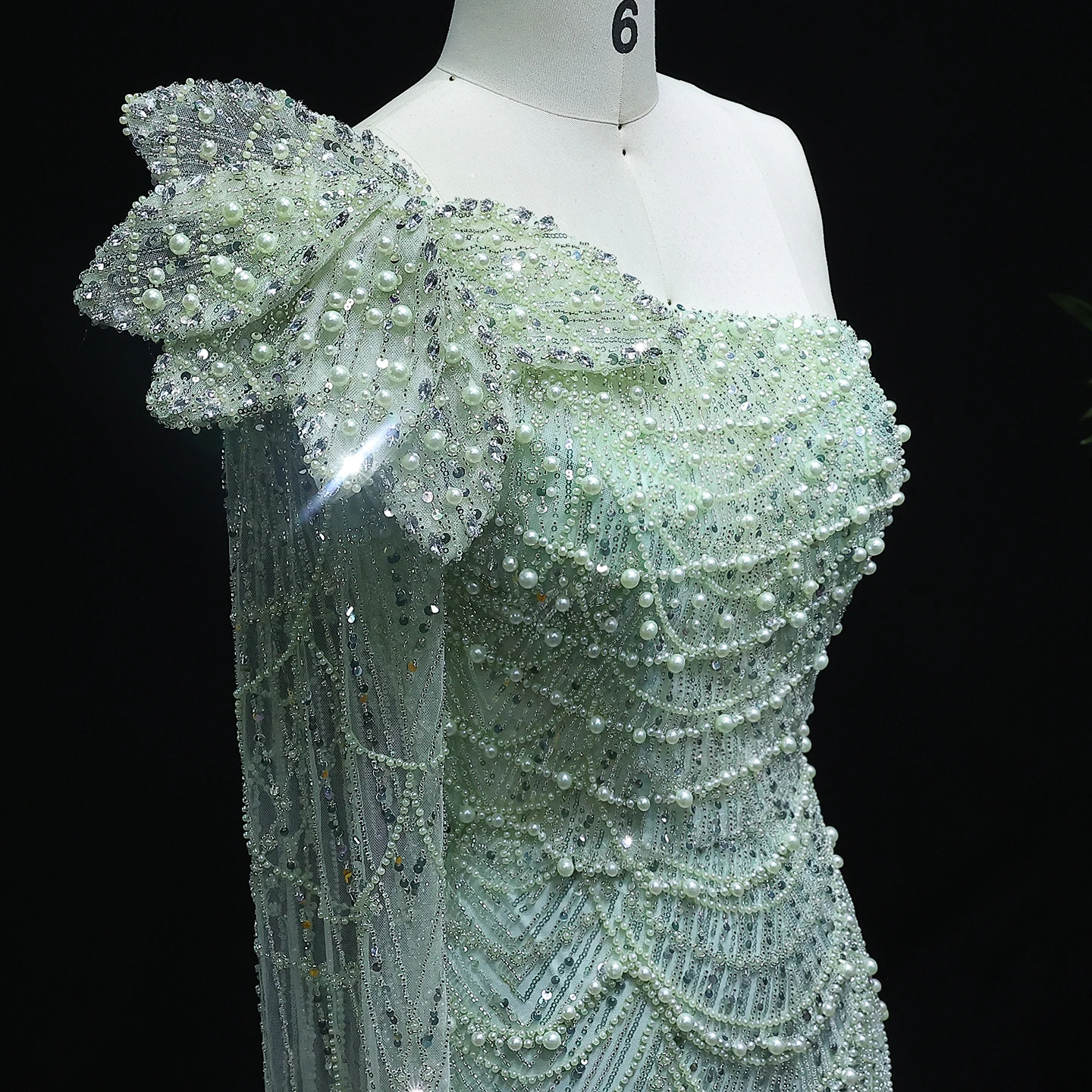 Sharon Said Luxury Pearls Sage Green One Shoulder Evenng Dress Cape Sleeves 3D Flower Women Wedding Party Gowns SS688 Customized image 3