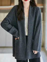 100% Pure Wool Sweater Cardigan Women's Mid-length Knit Jacket 2025 Autumn/Winter Loose Large Size Coat Cashmere Clothing Female