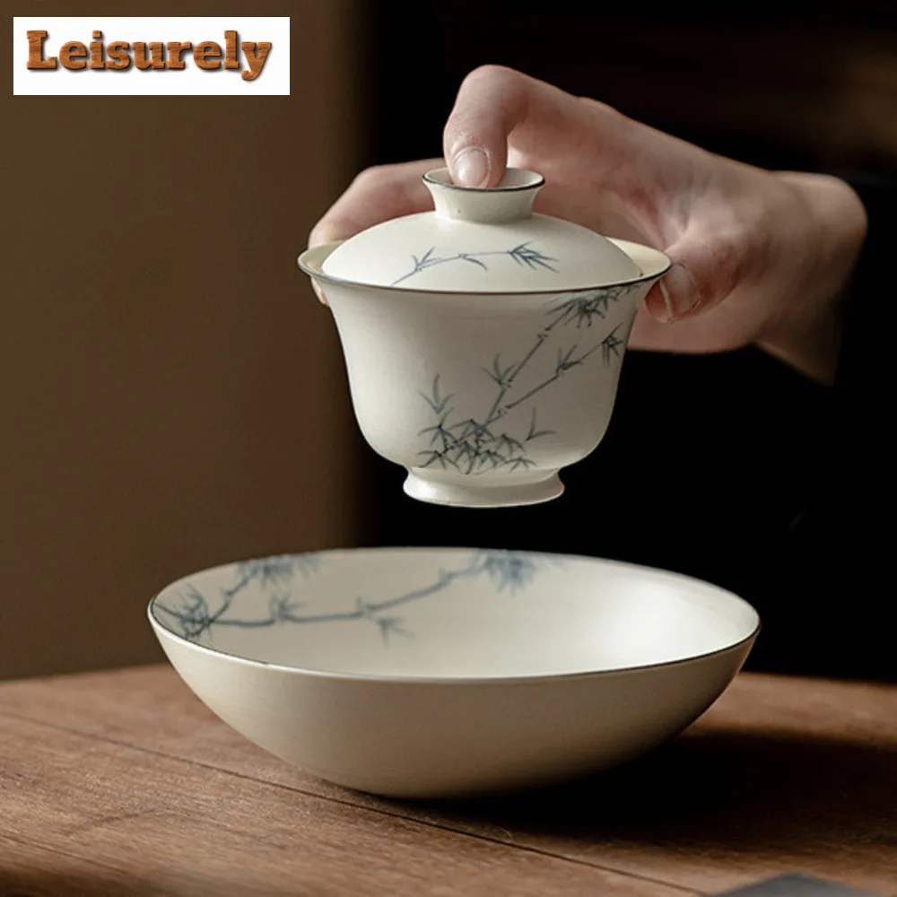 150ml Powder Yin White Pottery Gaiwan Japanese Handpainted Ink Bamboo Tea Tureen Tea Maker Cover Bowl Lid Kit for Tea Collection