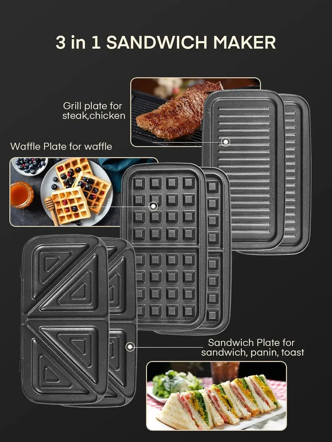 NEW Waffle Maker 3 in 1 Sandwich Maker 1200W Panini Press With Removable Plates and 5-gear Temperature Control