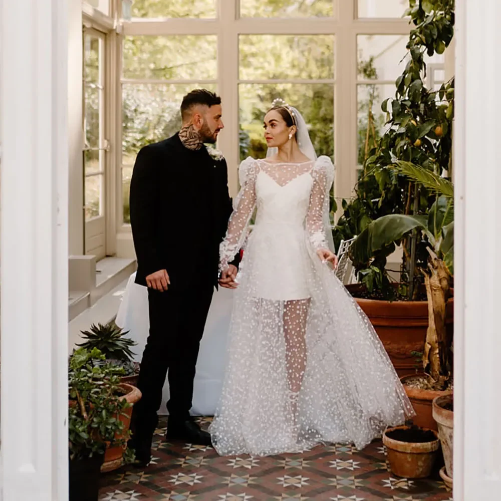 

Polka Dot A-Line Wedding Dress 2 In 1 Transparent Boho Beach Bridal Gowns Backless Long Sleeves Customized 2025 Garden Vestido