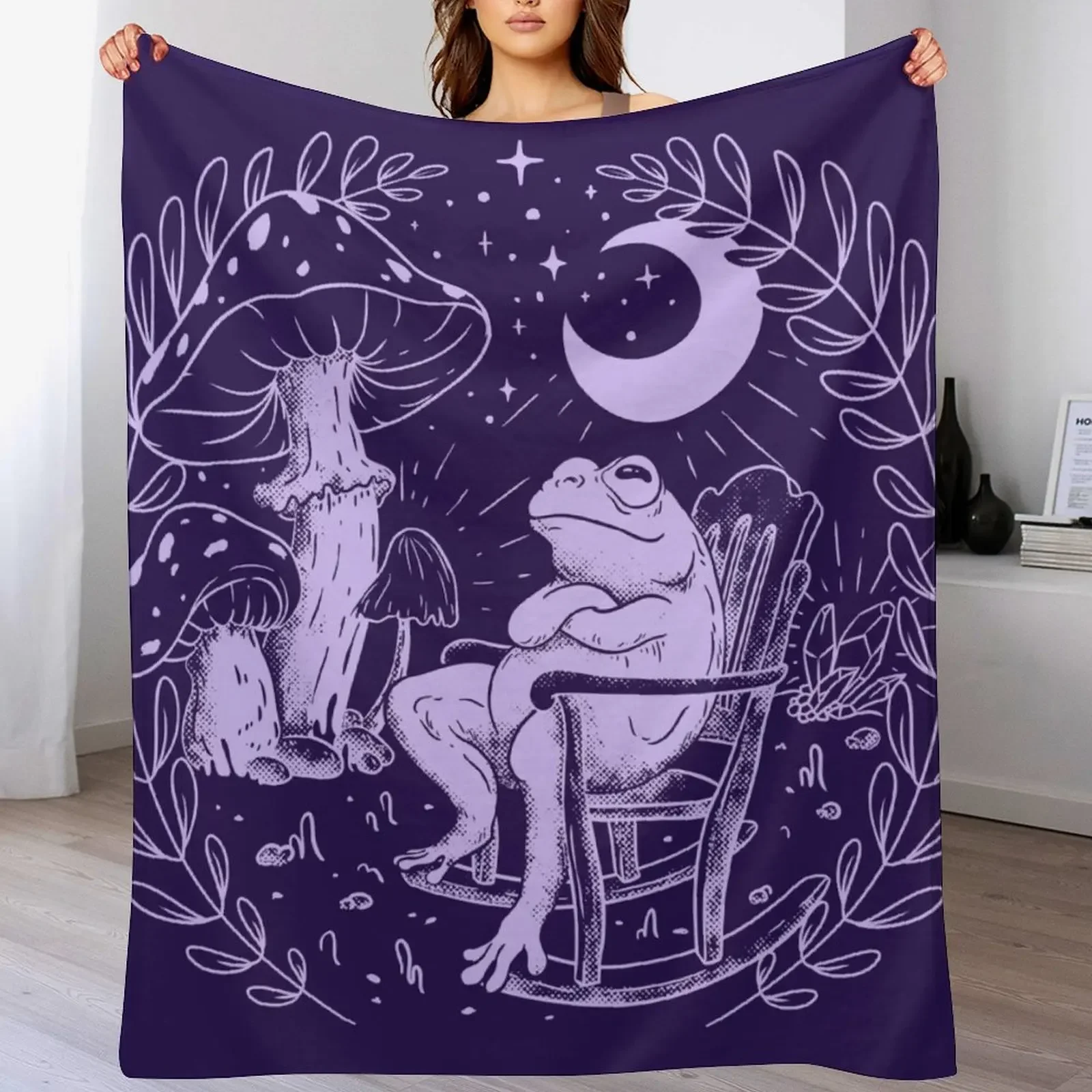 

Goblincore Aesthetic Cottagecore Frog Chilling - waiting for mushrooms to grow - Weirdcore Dreamcore Mycology Fung Throw Blanket