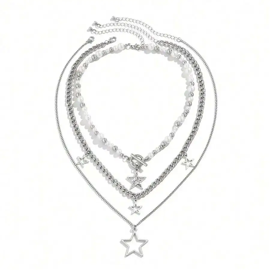 

Многослойное ожерелье с подвеской в виде звезды, жемчужными бусинами и серебряными цепочками для женщин