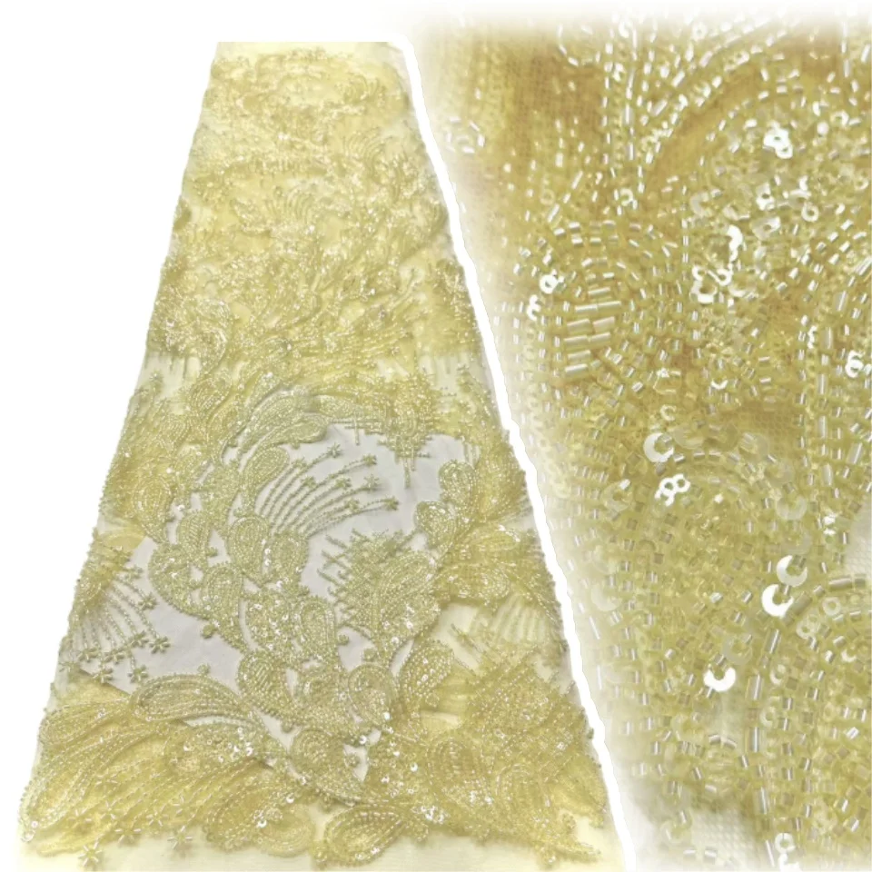 

Gold High Quality Fashion French Mesh Beads Embroidery Lace Fabric African Nigerian Sequins Lace Fabric for Wedding Dress CC1213