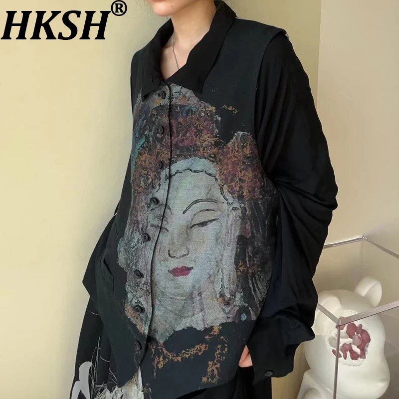 

HKSH Осенний Мужской Прилив Панк Нишевый Дизайн Оригинальный Ямамото Темный Тренд Джинсовый Жилет с Принтом Будды Шикарный Ins Ретро Жилет Топ HK15459