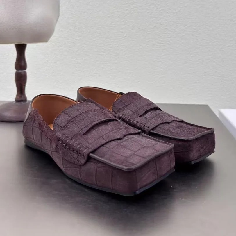 

Женские лоферы с квадратным носком и клетчатым узором, однотонная модная повседневная обувь без шнуровки из натуральной кожи на плоской подошве, элегантная минималистичная обувь