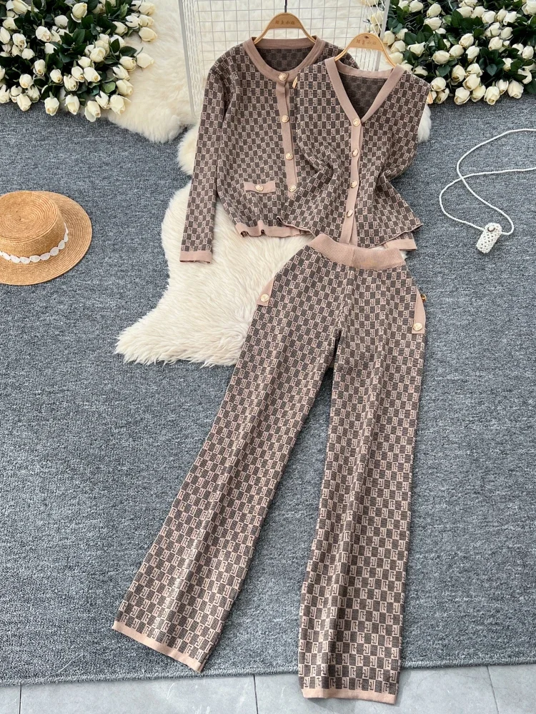 Winter Fashion Plaid Print Sweater Suits Women Knit Cardigans+Elastic Long Pants American Casual Retro Autumn OL 3 Pieces Sets