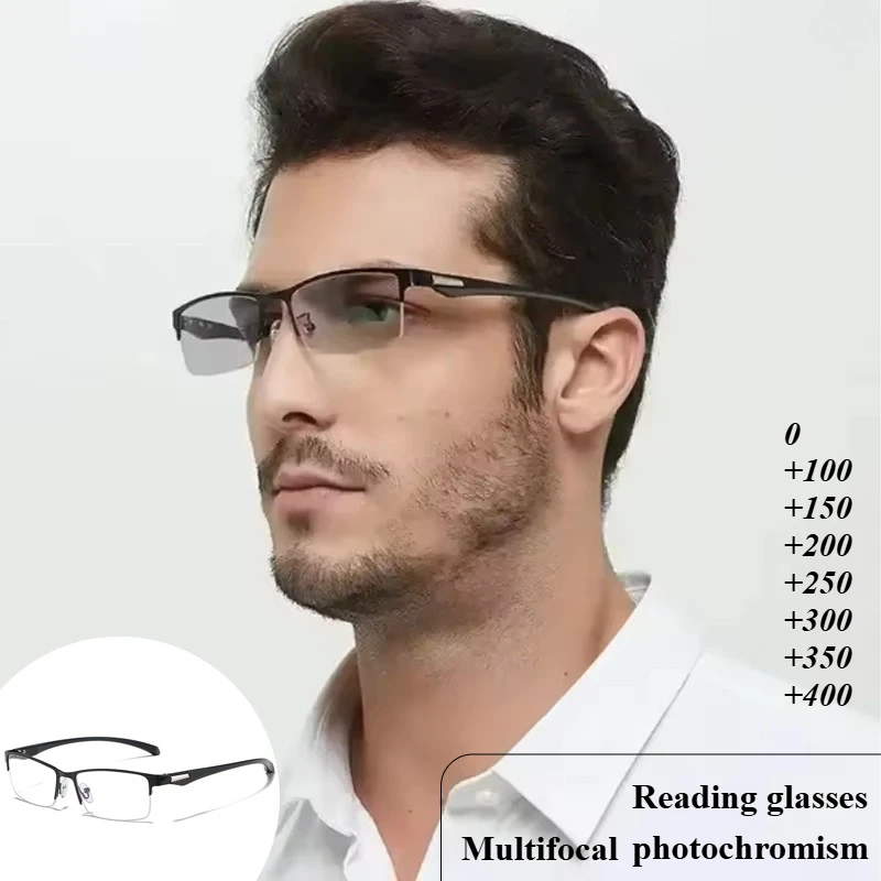 Photochrome multifokale Lesebrille, modische und ultraleichte Halbrahmenbrille, hochauflösende Presbyopiebrille