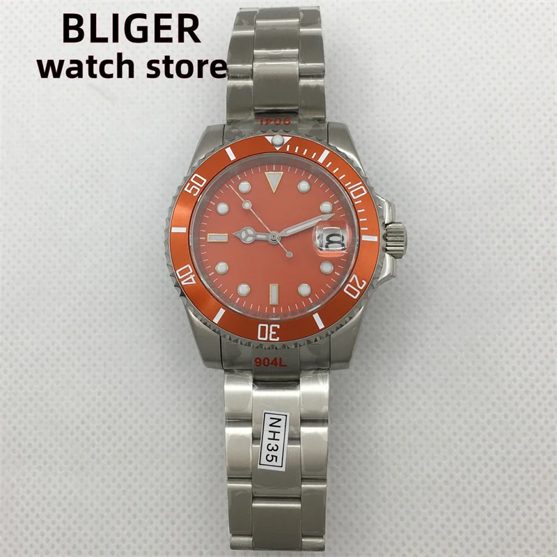 BLIGER 40mm Sapphire Glass Ceramic Bezel Orange Dial Green Luminous NH35 Automatic Fashionable diving watch For Men's