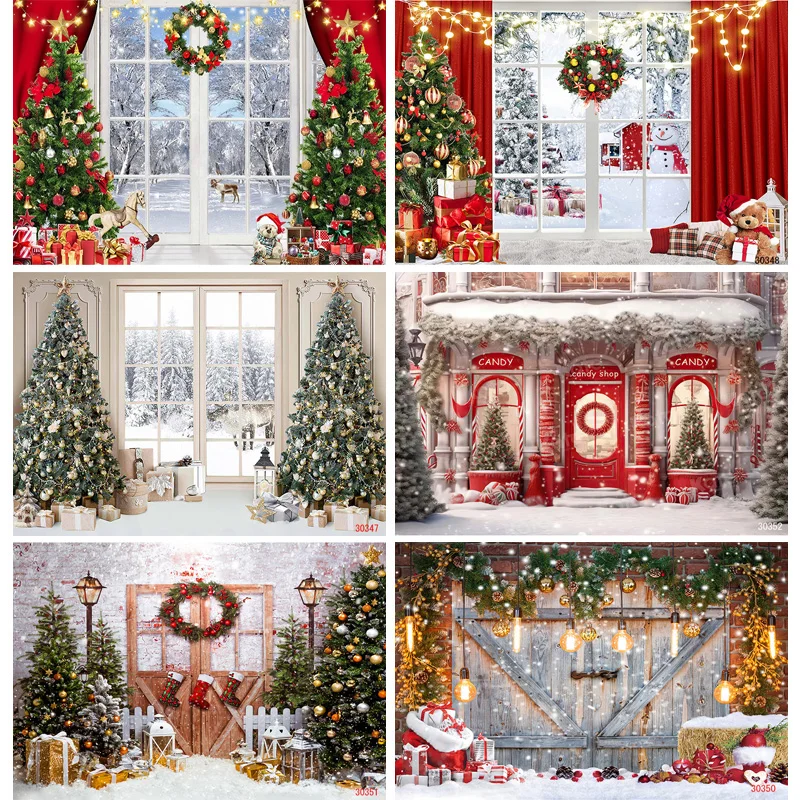 

SHENGYONGBAO Christmas Tree Window Candy Photography Backdrop Wooden Doors Snowman Cinema Pine New Year Background Prop SW-51