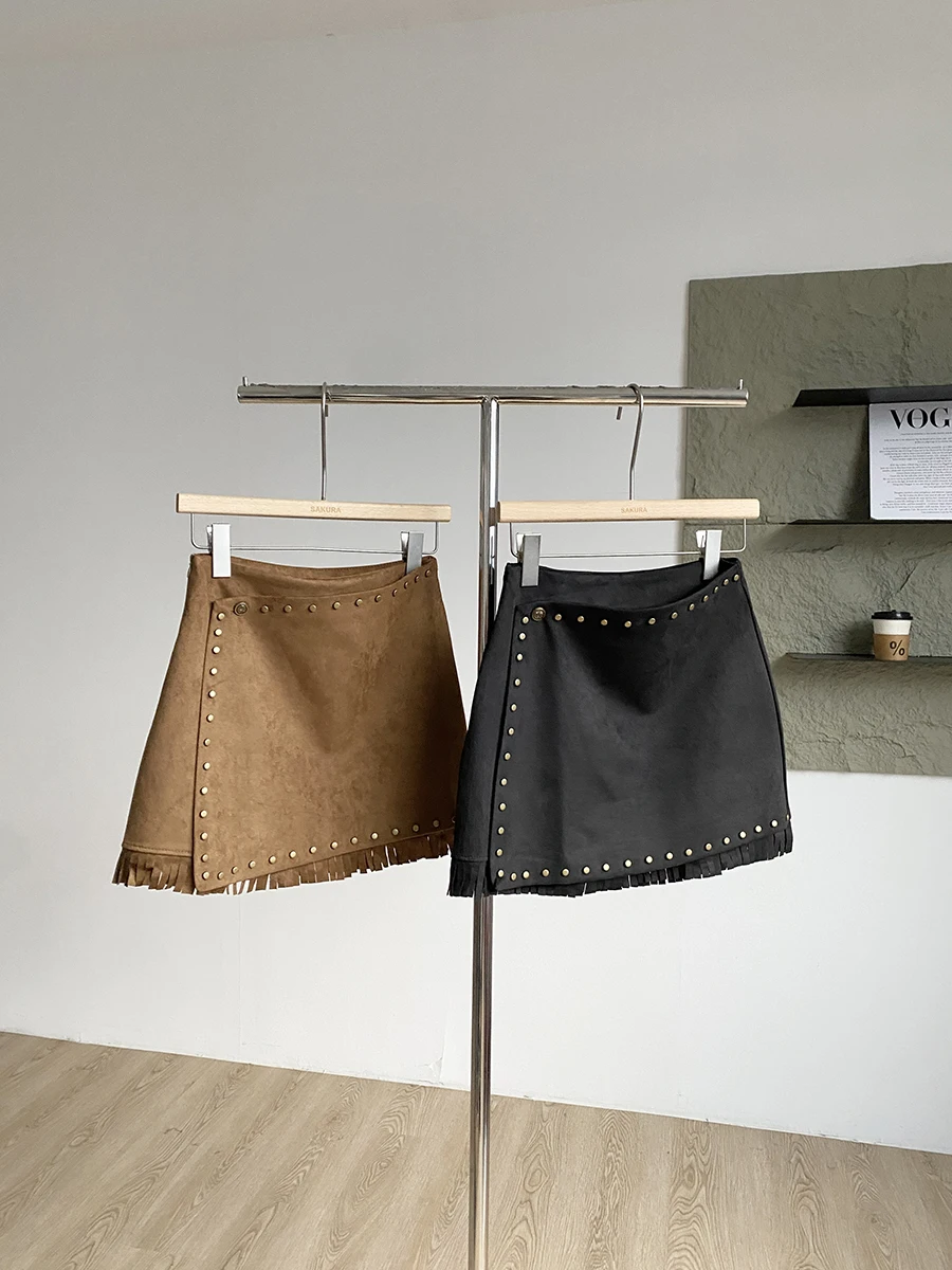 Retro Heavy Duty Rivet Design Half Body Short Skirt Women's High Waist Slim A-Line Skirt Commute Polyester Fiber Standard Fit