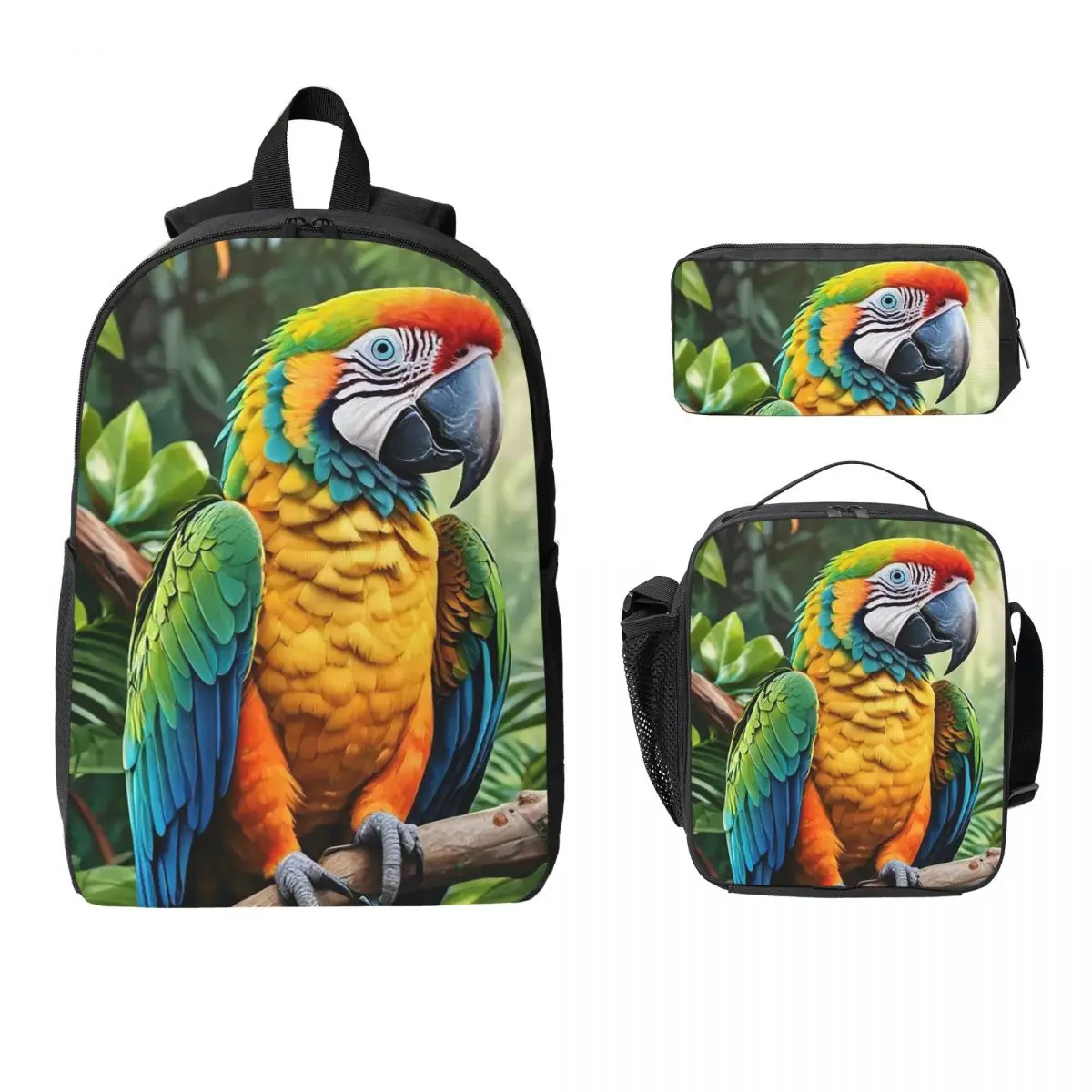 

Cute Macaw Parrots Backpack Boys Girls BookBag School Bag Laptop Shoulder Bags 3ps Insulated Lunch Bag Pencil Case