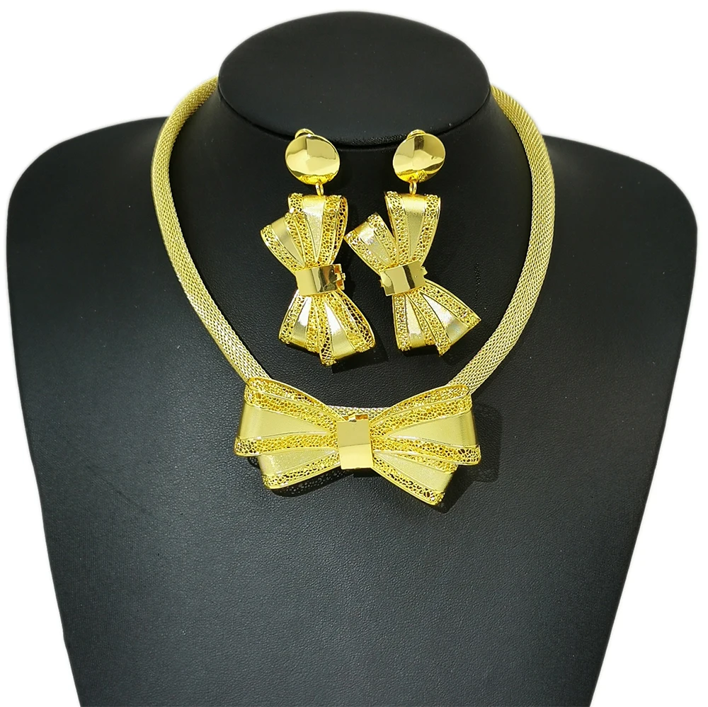 

Bow Earrings Sets Golden Color Jewelry Pendant Necklace Jewelry Women Classics Set Wedding Gift Party Retro Exaggerate Style