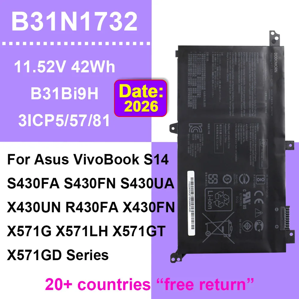 Batería para ordenador portátil ASUS, 11,52 V, 42WH, B31N1732, X571G, X571GT, X571GD, X430FN, X430FA, X430UA, VivoBook S14, S430FA, S430FN, S430UA Series