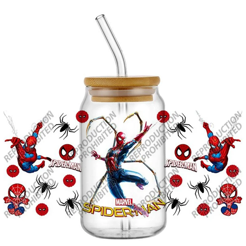 

Superhero Theme UV DTF Cup Wrap Decals for 16oz Glasses Can Spider Man Cartoon Series Waterproof Self-adhesive Sticker