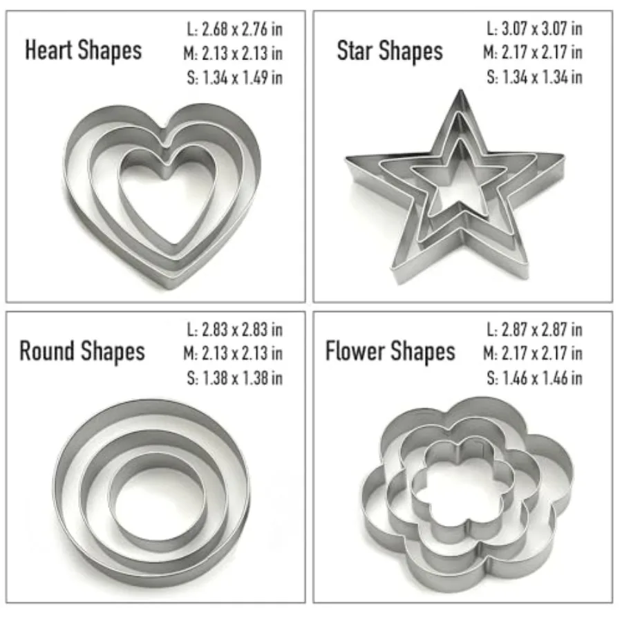 مجموعة قواطع البسكوت المصنوعة من الفولاذ المقاوم للصدأ مكونة من 12 قطعة على شكل زهرة على شكل قلب وخمسة أشكال صغيرة إلى صغيرة الحجم قوالب تقطيع البسكويت المعدنية للباكي