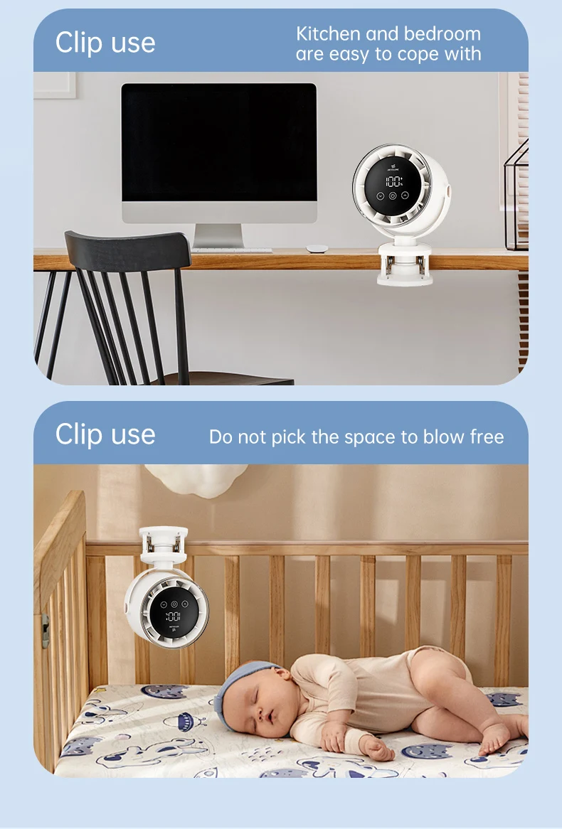 Rechargeable Portable Clip on 360° Rotate Quiet Turbo Desk Fan for Stroller Bed Travel Camping Golf Gym