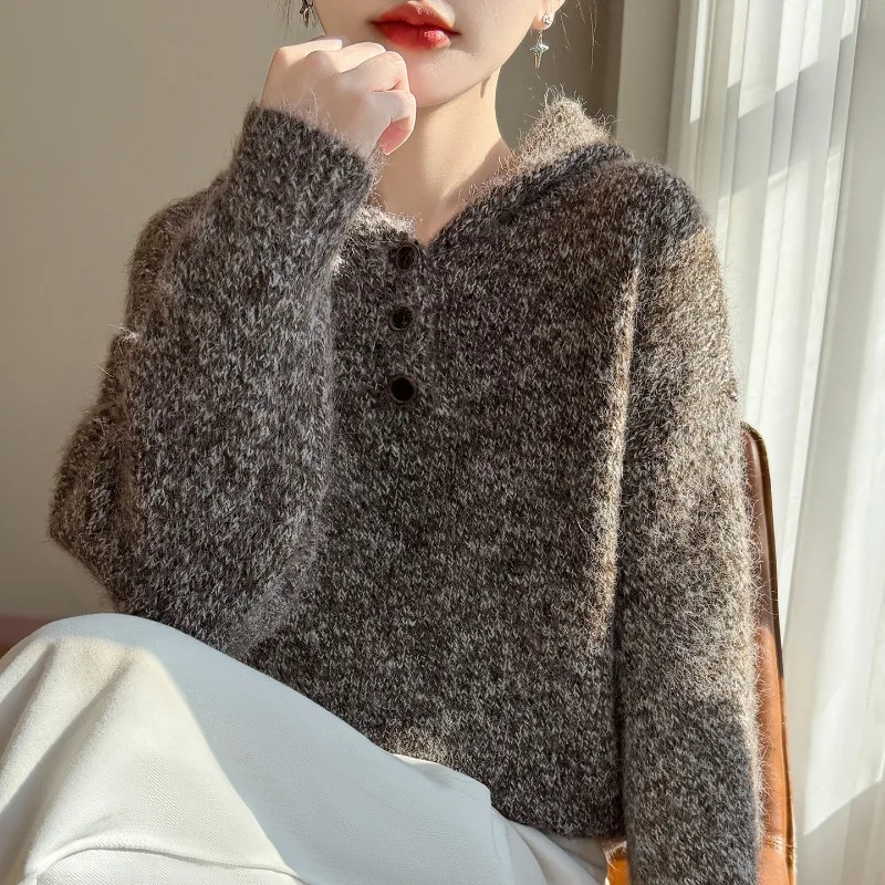 Women's Fleece-Lined Thick Pullover Hoodie Autumn and Winter Knitted Sweater Loose-Fit Casual Long-Sleeve Top Jacket