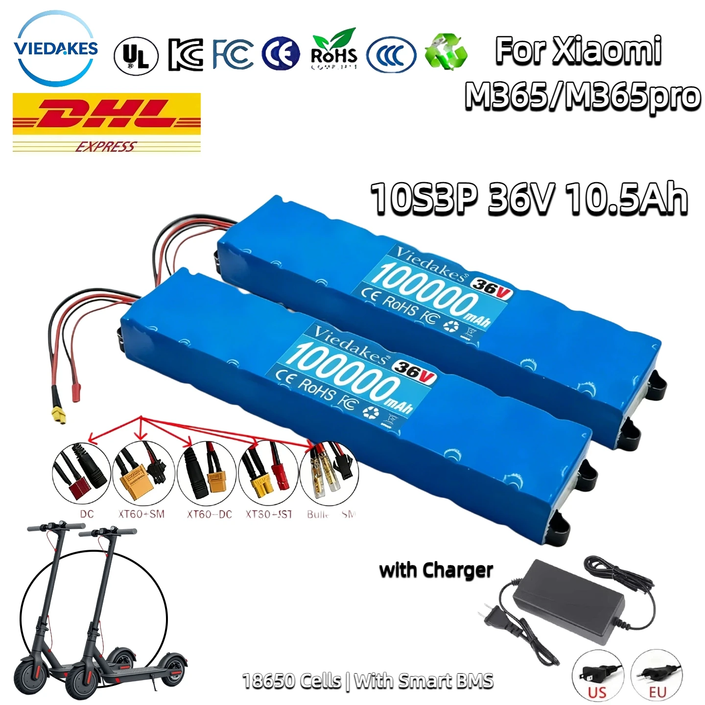 

10S3P 36V 10.5Ah Rechargeable 18650 Battery Pack 500W Power Modified Electric Scooter with BMS XT60 JST+charger