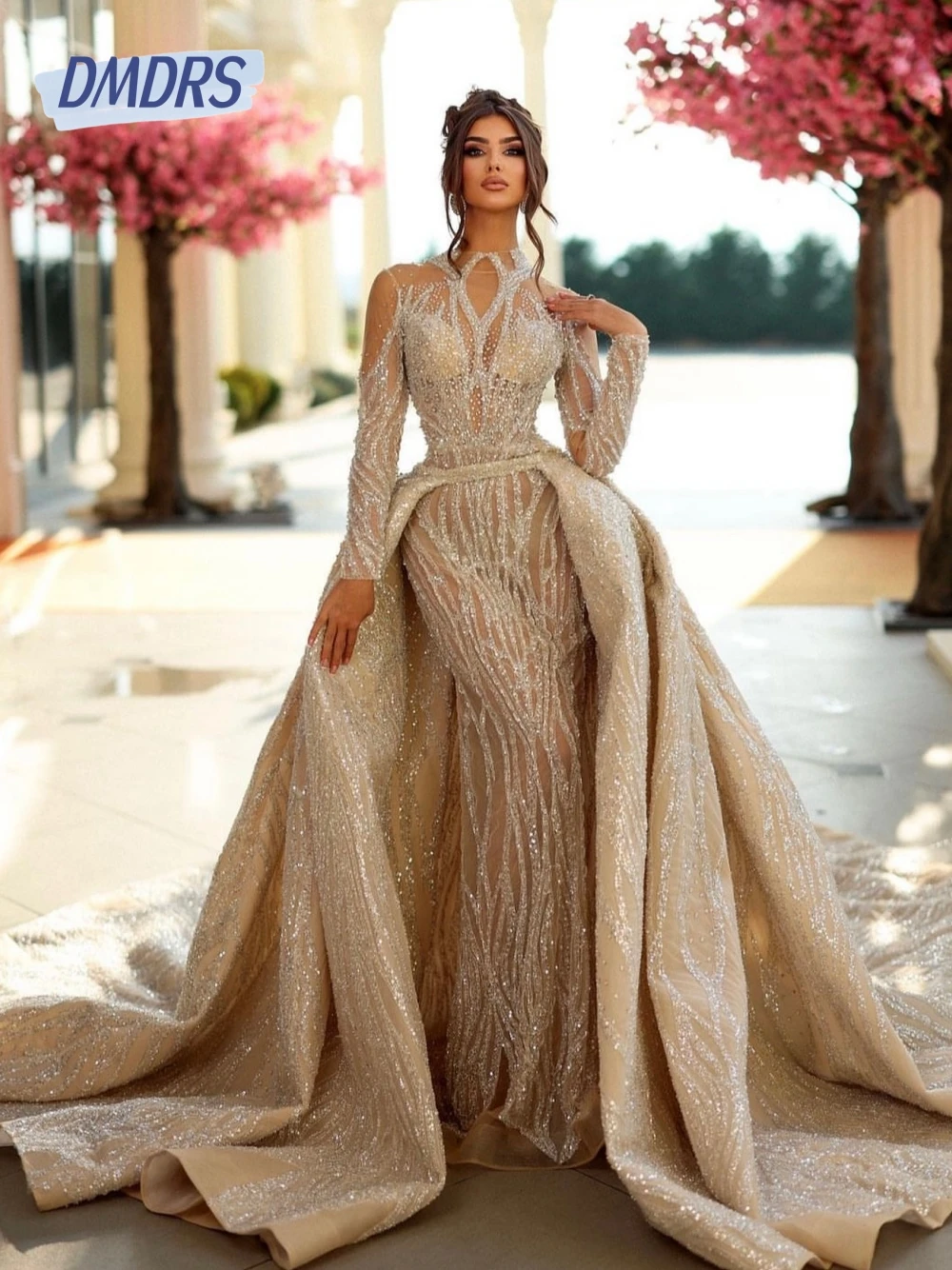

Stunning High Neck Tulle Crystals Wedding Dress Classy Shimmering Customized Bridal Gown With Detachable Tail New Arrival