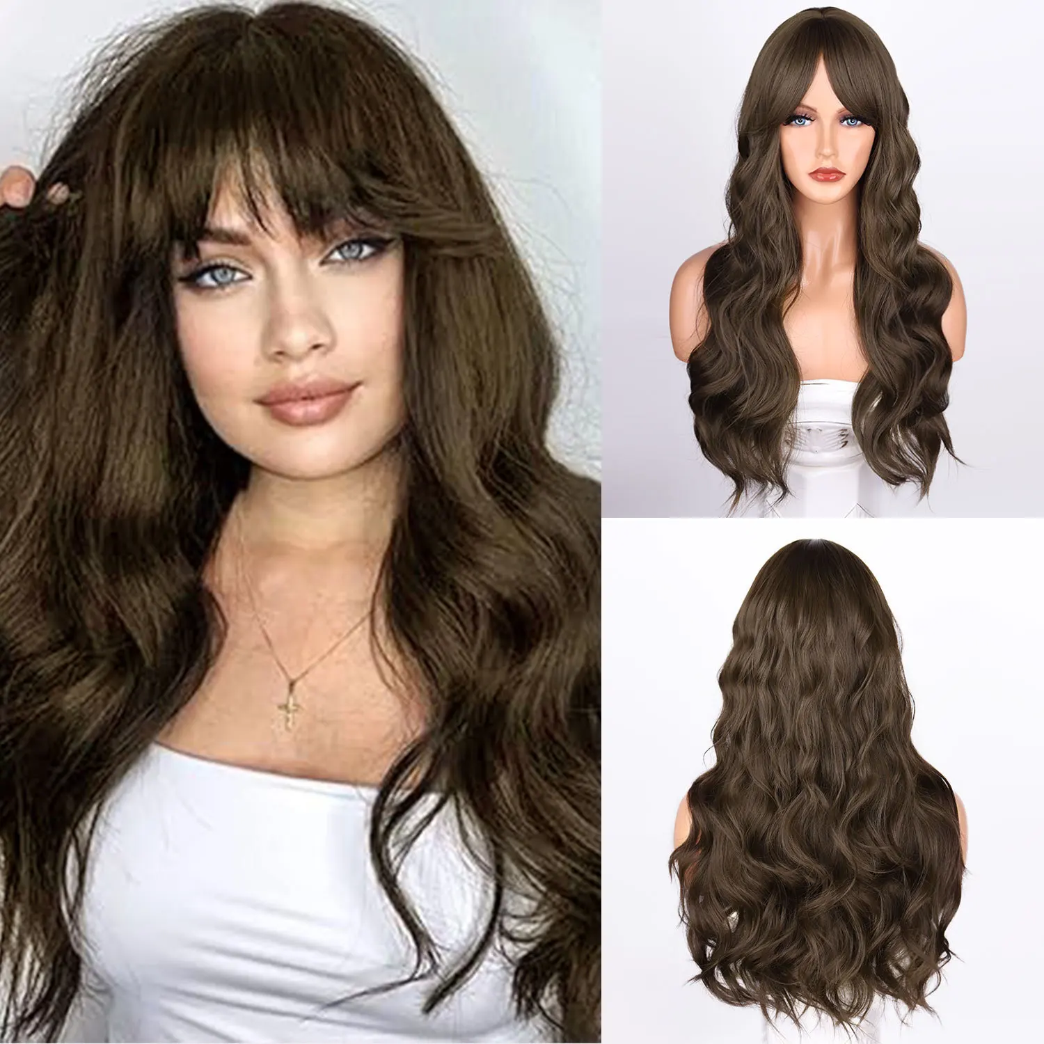 

European and American wigs medium length curly hair cover chemical fiber high temperature silk big wave temperament wig