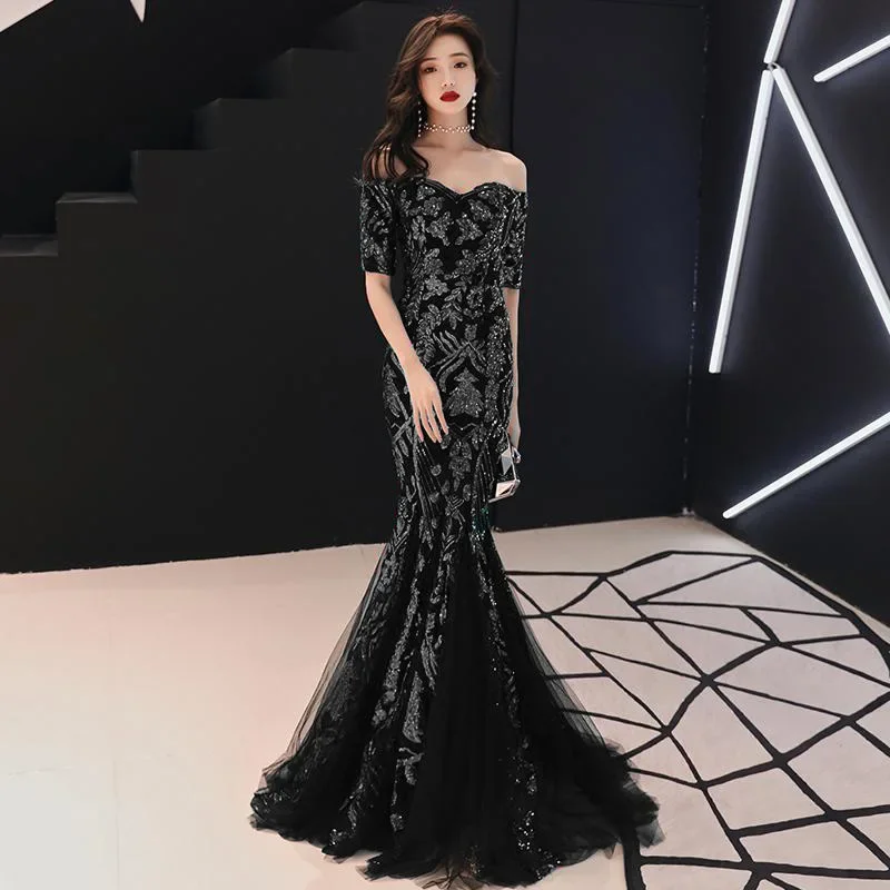 Evening Dress Black Sequins Stretchy Off shoulder Zipper Back Mermaid Trumpet Floor Length Women Party Formal Gowns YE122