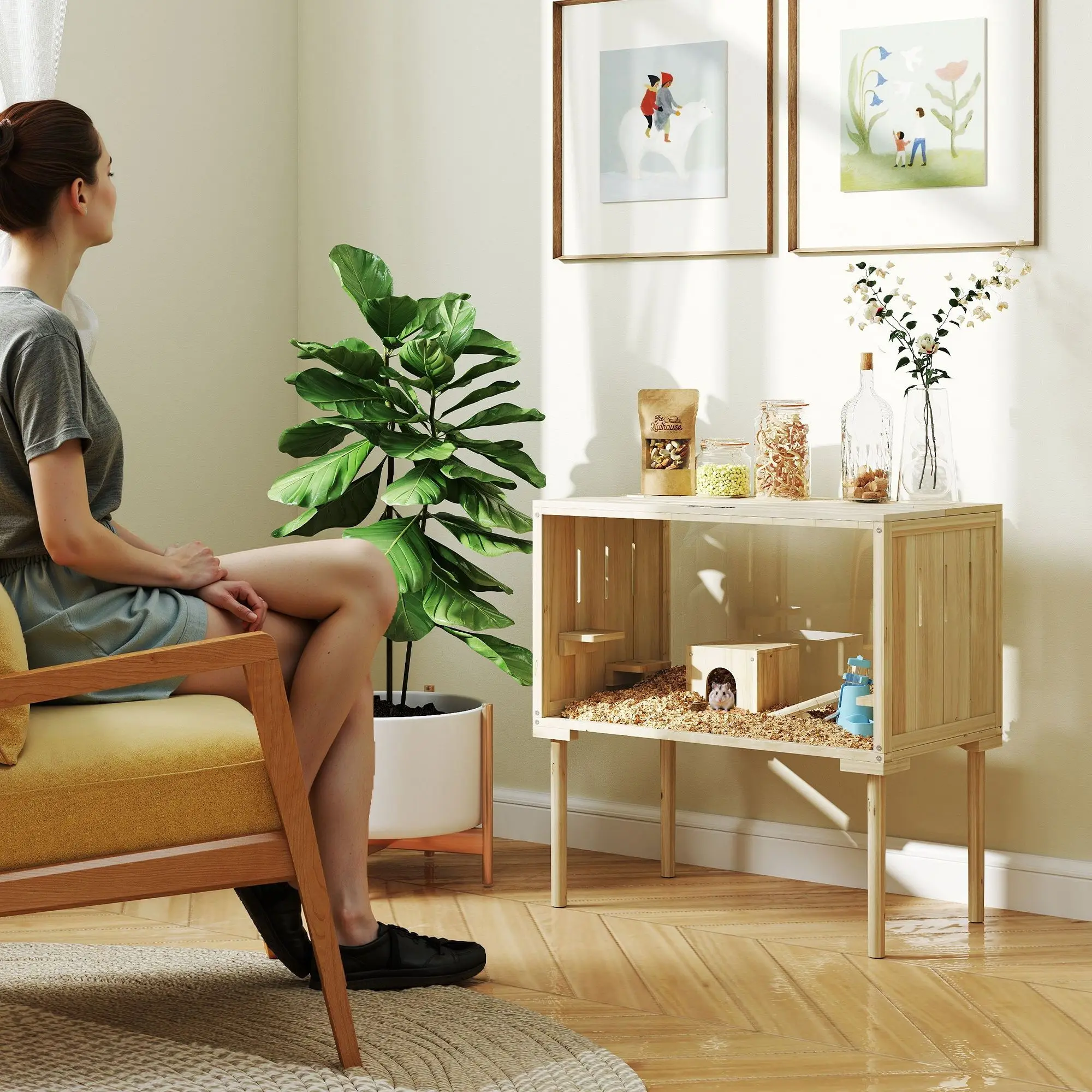 لقفص الهامستر الخشبي بأرجل، قفص جربيل لسرياني، قزم، فأر، 28 بوصة × 16 بوصة × 29.5 بوصة، خشب طبيعي #2