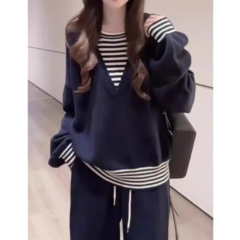 

Women's Lazy Style Striped Patchwork Fake Two Piece Knitwear Autumn Winter New Korean Style Temperament Loose Versatile Sweater