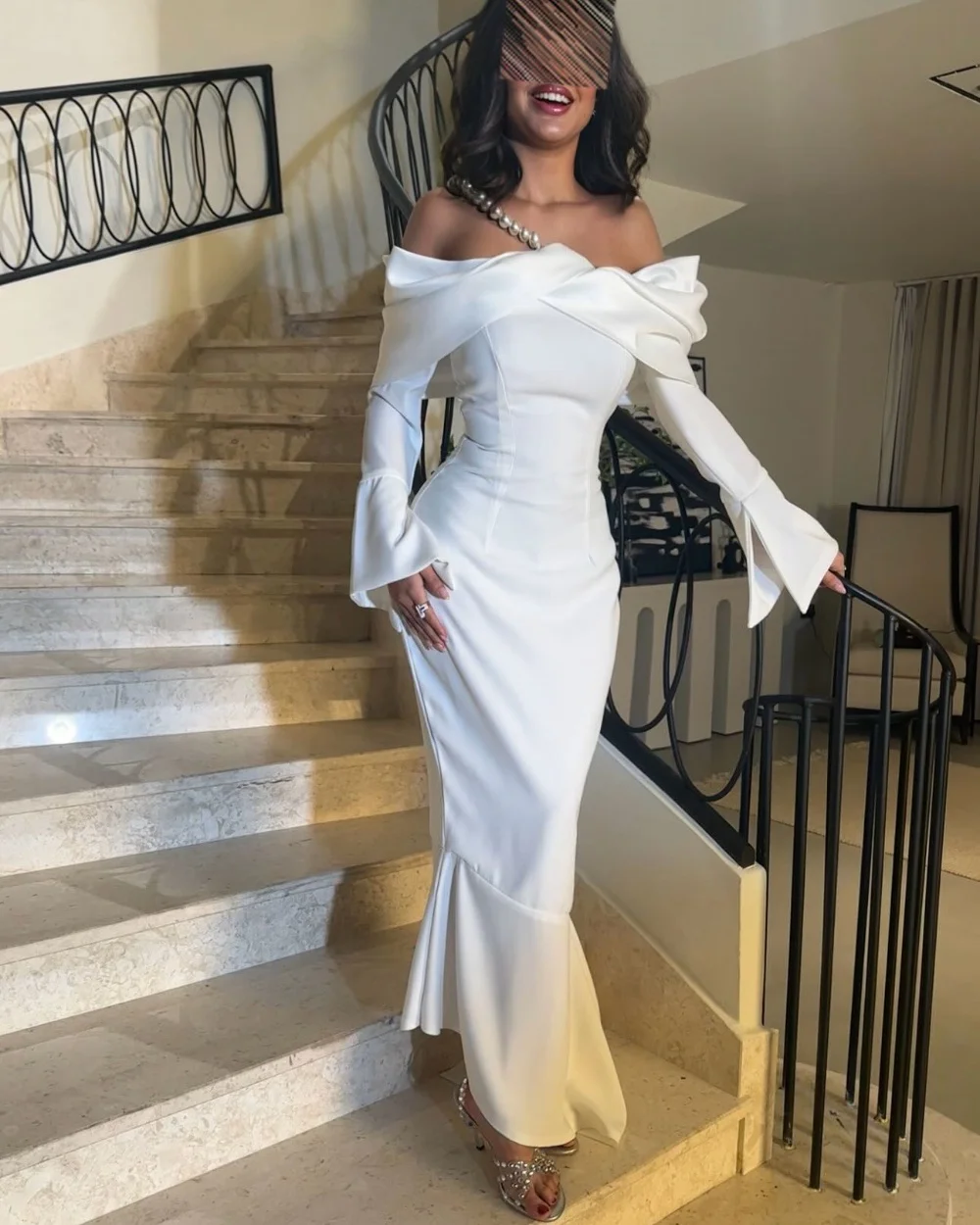 

Customized Simple Sizes Available Jersey Pleat Mermaid Off-the-shoulder Midi Dresses Bespoke Occasion Dresses High Quality Retro