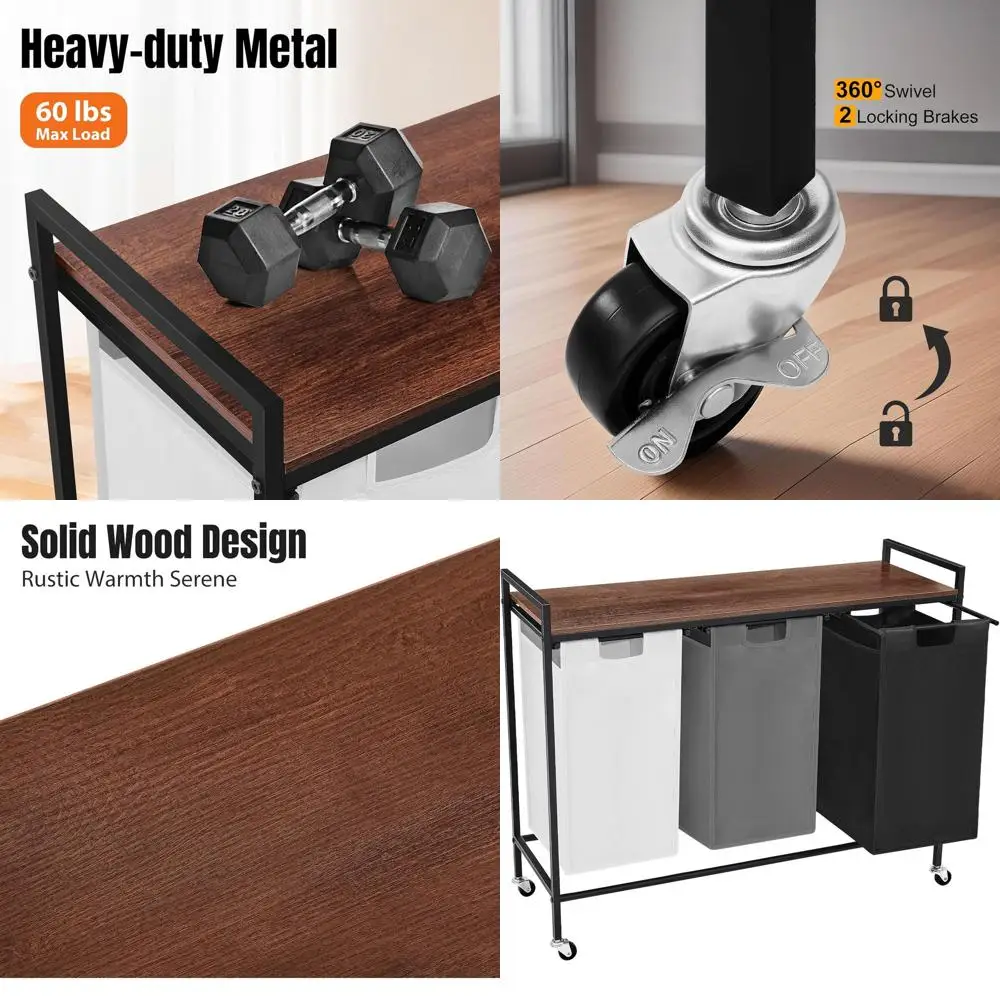 

3-Section Rolling Hamper with Wooden Top Organizer and Lid