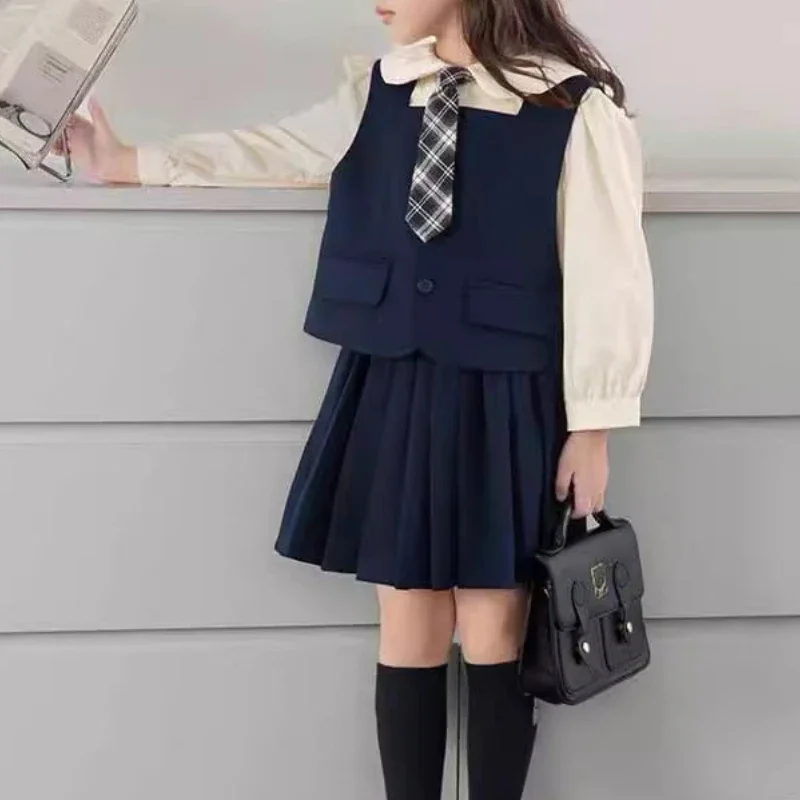 

New Japanese and Korean Style Vest+Long Sleeve Shirt with Tie+pleated Skirt School Campus Uniform Spring Girls' Set Autumn