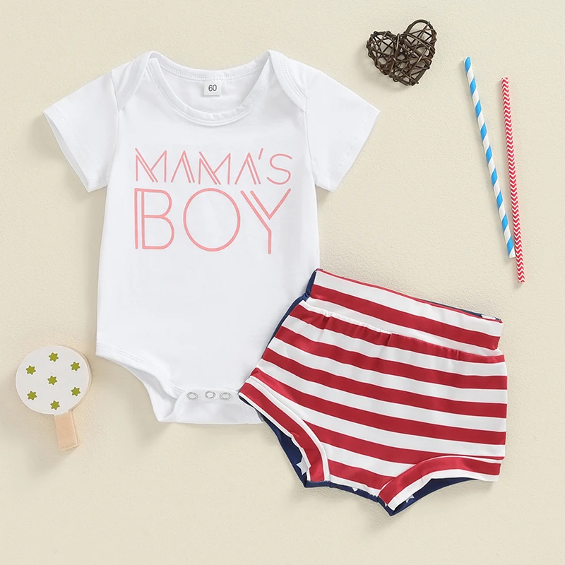 

2024-04-29 Lioraitiin Baby Boys Summer Shorts Sets Short Sleeve Letter Print Romper and Striped Shorts Sets