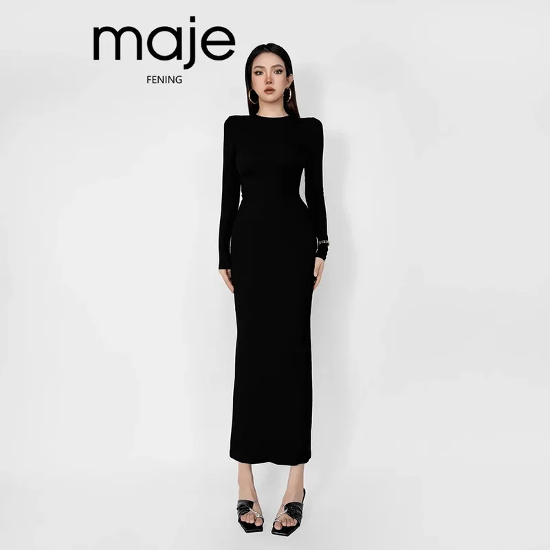 2026 Solid Color Round Neck Long Sleeve Bodycon Dress Slimming Maxi Women Elegant Cocktail Party Wear Autumn Winter Fashion