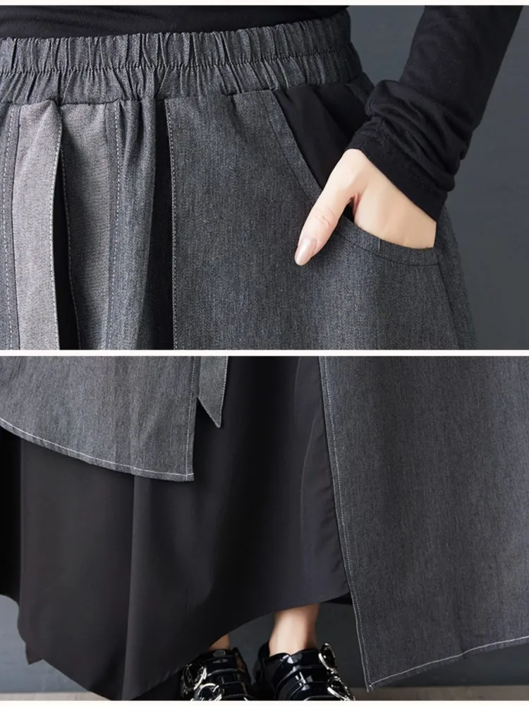 Gonna di jeans midi asimmetrica oversize primaverile Dark Academia Donna Moda patchwork Donna Gonne nere